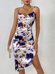 SHEIN Privé Tie Dye Draped Collar Ruched Asymmetrical Hem Satin Cami Dress - Multicolor - View 4