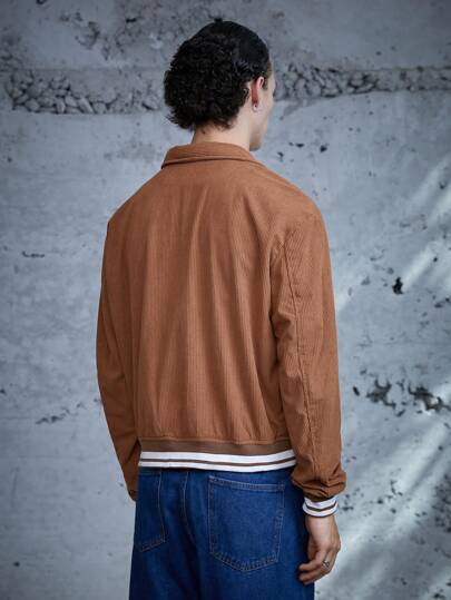 1 pièce Veste en velours côtelé oversize avec graphique de lettre et bordure rayée, pour l'automne et l'hiver