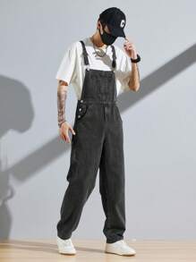 Manfinity Hypemode 男式寬鬆丹寧工裝背帶褲,斜口袋款（不含t卹） - 黑色 - 查看 1