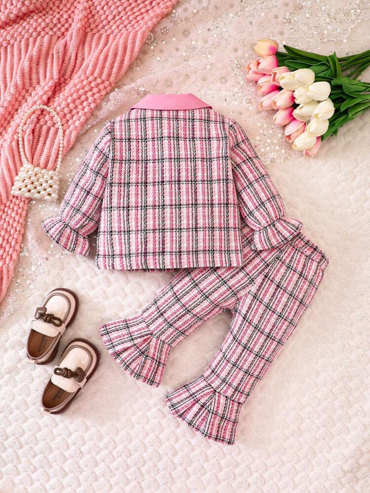 Baby Girl Plaid Print Flare Sleeve Bow Front Shirt & Flare Leg Pants