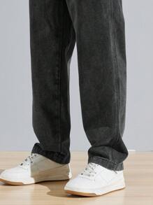 Manfinity Hypemode 男式寬鬆丹寧工裝背帶褲,斜口袋款（不含t卹） - 黑色 - 查看 6