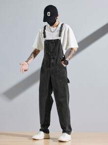 Manfinity Hypemode 男式寬鬆丹寧工裝背帶褲,斜口袋款（不含t卹） - 黑色 - 查看 7