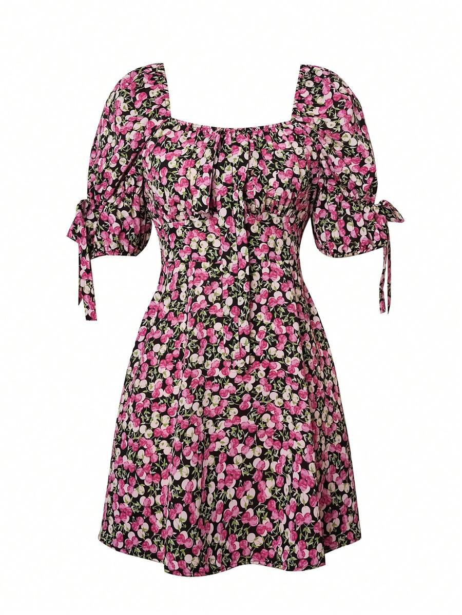 SHEIN Unity Cherry Print Puff Sleeve Dress - Black - View 1
