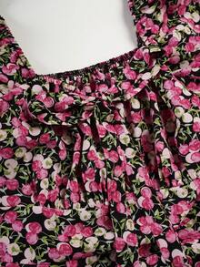 SHEIN Unity Cherry Print Puff Sleeve Dress - Black - View 3