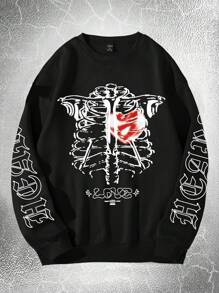 Manfinity Men Skeleton & Letter Graphic Thermal Lined Sweatshirt, For Halloween - Black - View 1