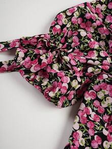 SHEIN Unity Cherry Print Puff Sleeve Dress - Black - View 6