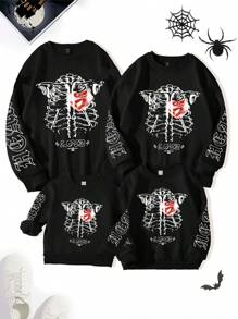 Manfinity Men Skeleton & Letter Graphic Thermal Lined Sweatshirt, For Halloween - Black - View 3