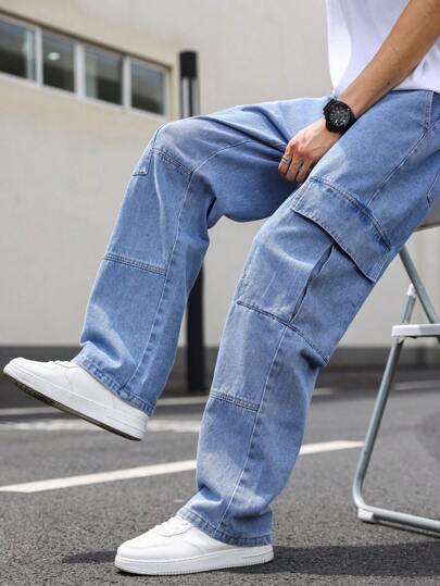 Manfinity Roghcode Men's Casual Cargo Jeans With Flap Side Pockets,Baggy Loose Oversized Washed Blue Denim Pants For Summer Streetwear,City Break Aqua Blue Cargo Jeans