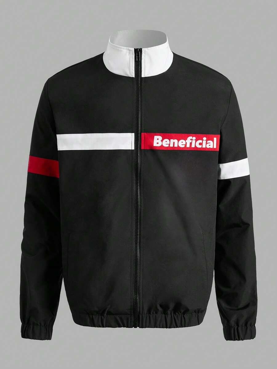 Manfinity VCAY 男士字母圖案拼色拉鍊寬鬆夾克 - 黑色 - 查看 1