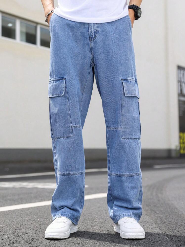 Manfinity Roghcode Men's Casual Cargo Jeans With Flap Side Pockets
