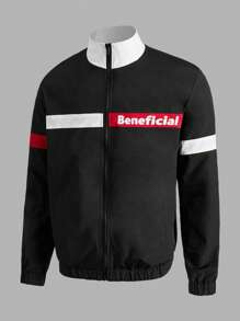 Manfinity VCAY 男士字母圖案拼色拉鍊寬鬆夾克 - 黑色 - 查看 3