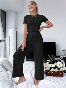 Lazeform Solid Tee & Tie Waist Trousers Lounge Set - Black - View 3