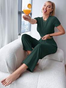 Solid Tee & Knot Front Pants Lounge Set Outfit - Green - View 4