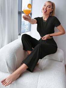 Lazeform Solid Tee & Tie Waist Trousers Lounge Set - Black - View 5
