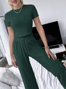 Solid Tee & Knot Front Pants Lounge Set Outfit - Green - View 5