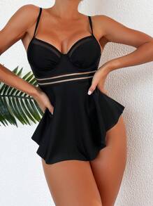 SHEIN Swim 对比色网眼钢圈泳衣夏季海滩 - 黑色 - 查看 1