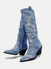 SheIn ICON 女性尖頭粗跟西部牛仔靴,時尚戶外牛仔靴子 - 藍色 - 查看 2