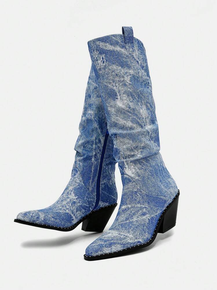 SheIn ICON NỮ Chóp giầy nhọn Gót thô Giày ống Tây , Đúng mốt Ngoài trời Denim Giày ống - Màu xanh lam - Xem 2