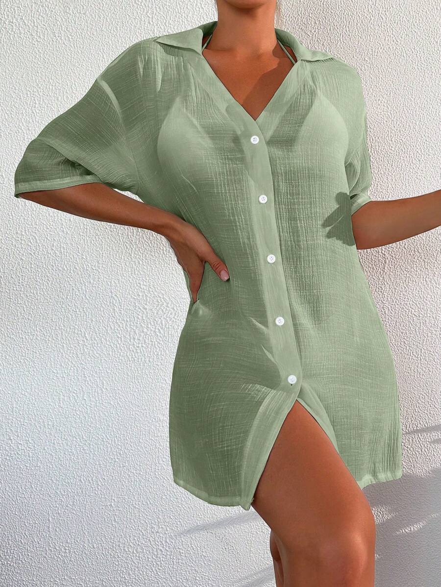 Button Front Kimono - Lime Green - View 1