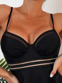 SHEIN Swim 对比色网眼钢圈泳衣夏季海滩 - 黑色 - 查看 4