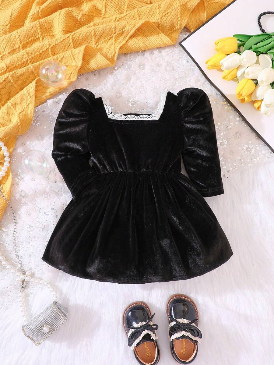 Baby Girl Puff Sleeve Square Neck Velvet Dress - Black - View 1