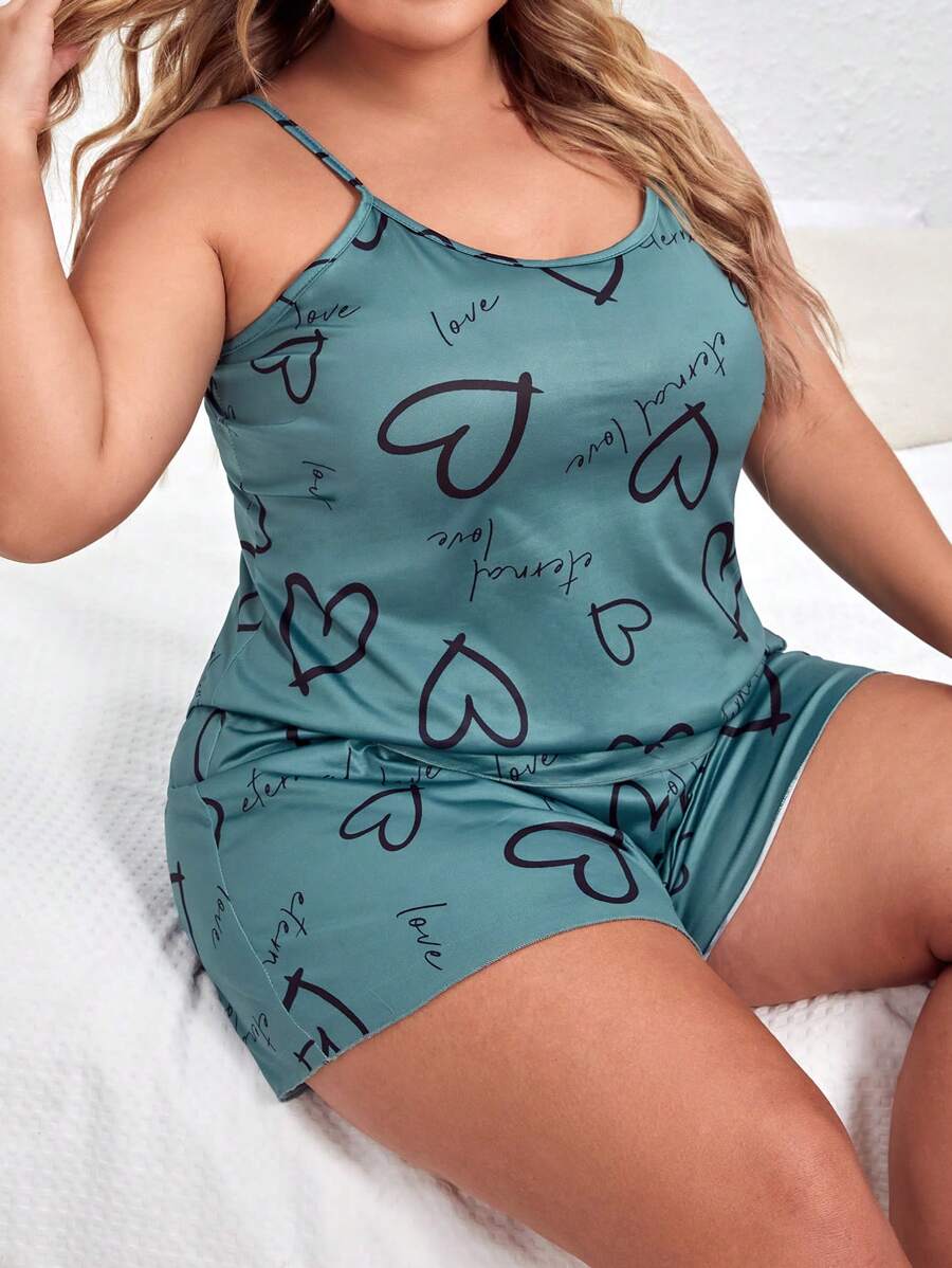 SHEIN Plus Bộ đồ ngủ / Bộ Pajama đồ họa hình trái tim và chữ cái - xanh quân đội - Xem 1