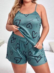 SHEIN Plus Bộ đồ ngủ / Bộ Pajama đồ họa hình trái tim và chữ cái - xanh quân đội - Xem 3