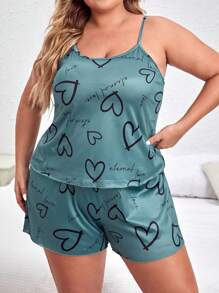 SHEIN Plus Bộ đồ ngủ / Bộ Pajama đồ họa hình trái tim và chữ cái - xanh quân đội - Xem 4