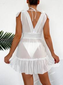 SHEIN Tie Shoulder Ruffle Hem Sheer Cover Up Dress, For Summer Beach Vacation - White - View 2