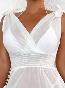 SHEIN Tie Shoulder Ruffle Hem Sheer Cover Up Dress, For Summer Beach Vacation - White - View 3