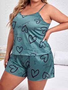 SHEIN Plus Bộ đồ ngủ / Bộ Pajama đồ họa hình trái tim và chữ cái - xanh quân đội - Xem 5