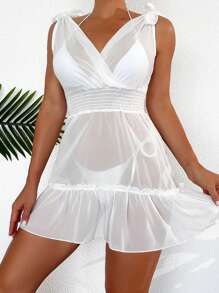 SHEIN Tie Shoulder Ruffle Hem Sheer Cover Up Dress, For Summer Beach Vacation - White - View 4