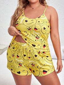 Plus Cartoon Graphic Cami Top & Shorts PJ Set / Pajama Set - Multicolor - View 1