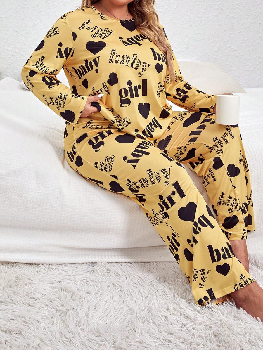 Snug Zone 加上爱心和字母图案睡衣套装/睡衣套装 - 黃色 - 查看 1