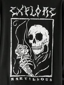 GENTILAND Men Halloween Skull & Floral Print Drop Shoulder Drawstring Hoodie - Black - View 3