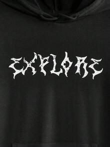 GENTILAND Men Halloween Skull & Floral Print Drop Shoulder Drawstring Hoodie - Black - View 4