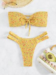 Swim Mod Summer Beach Ditsy Floral Smocked Bandeau Bikini Set