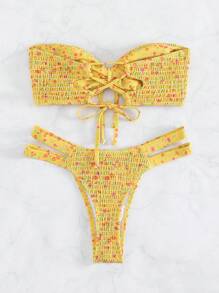 Swim Mod Summer Beach Ditsy Floral Smocked Bandeau Bikini Set