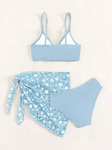 少女环扣比基尼套装带花卉印花沙滩裙套装夏日海滩