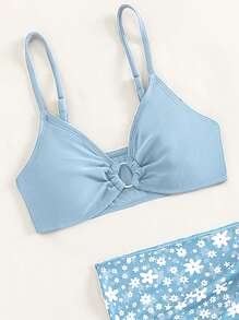 少女环扣比基尼套装带花卉印花沙滩裙套装夏日海滩