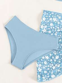 少女环扣比基尼套装带花卉印花沙滩裙套装夏日海滩