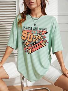 INAWLY 花卉和口号图案落肩 T 恤 带我回到 90 年代图案 T 恤 女式上衣 - 薄荷綠 - 查看 6