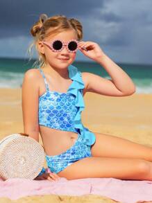 女大童魚鱗圖案鏤空荷葉邊連體泳衣 - 藍色 - 查看 3