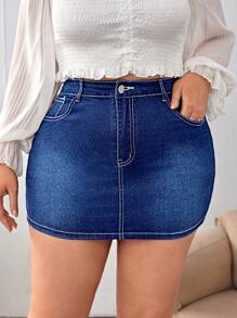 SHEIN Essnce Hơn Thêu In Đồ họa Túi có nắp Váy Denim - Rửa trung bình - Xem 2