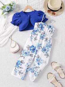 SHEIN Young Girl Floral Print Cami Jumpsuit & Puff Sleeve Crop Tee