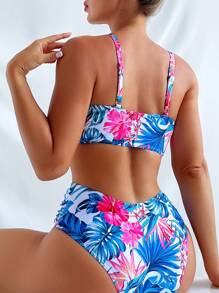Swim Lushoire Summer Beach Tropical Print Ruffle Trim Bikini Set - Multicolor - View 2