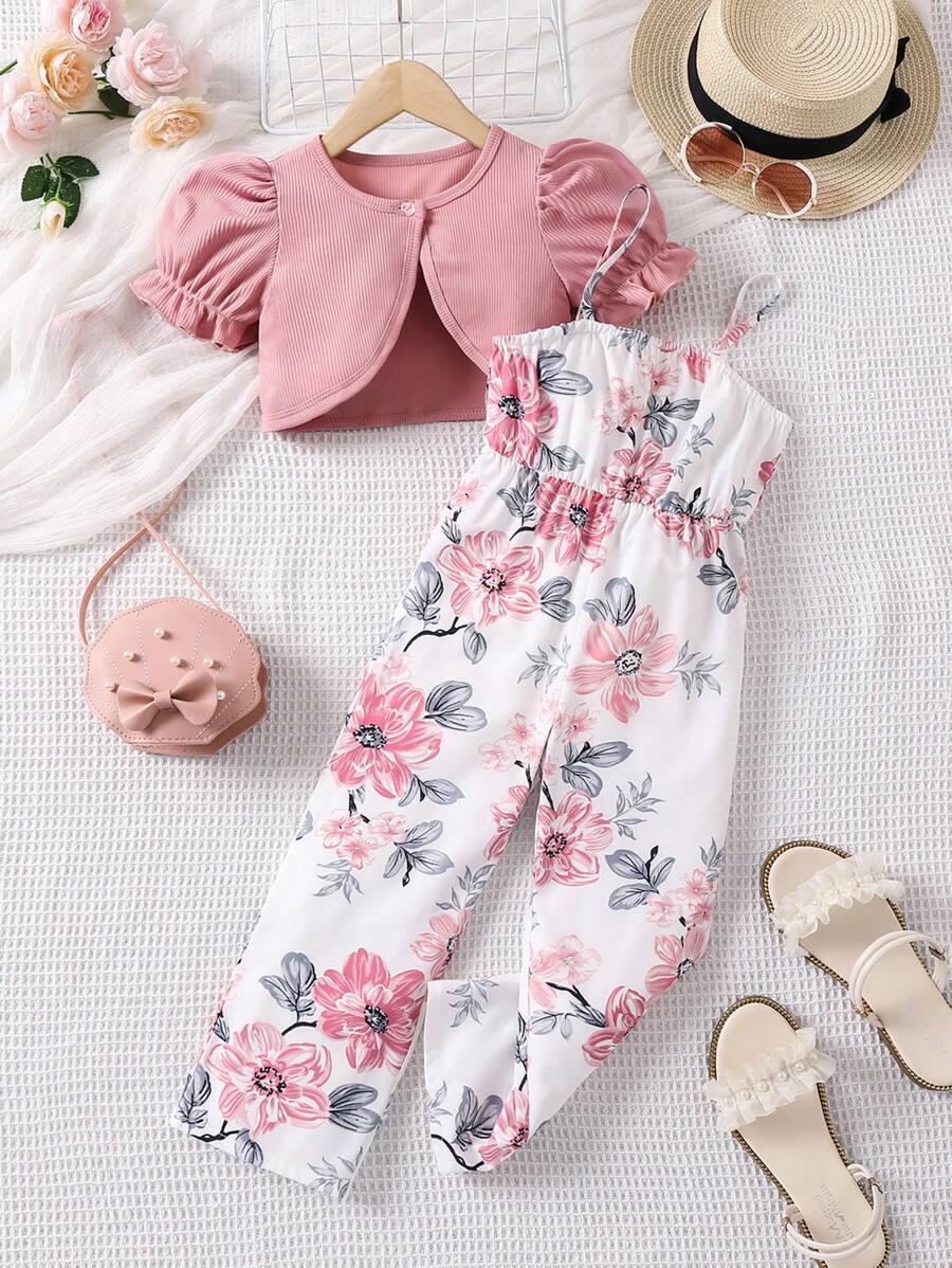 SHEIN Young Girl Floral Print Cami Jumpsuit & Puff Sleeve Top - Pink - View 1