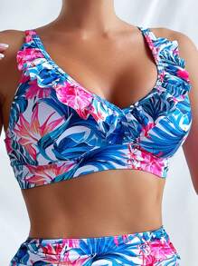 Swim Lushoire Summer Beach Tropical Print Ruffle Trim Bikini Set - Multicolor - View 4