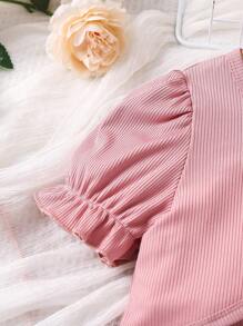 SHEIN Young Girl Floral Print Cami Jumpsuit & Puff Sleeve Top - Pink - View 5