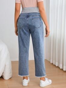 SHEIN 孕婦寬腰帶破洞毛邊牛仔褲 - 中等水洗藍 - 查看 2